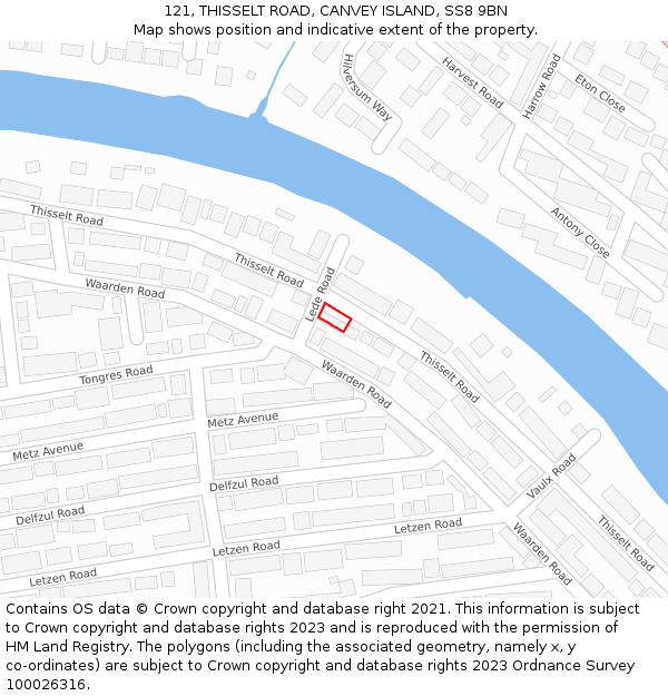 121, THISSELT ROAD, CANVEY ISLAND, SS8 9BN: Location map and indicative extent of plot