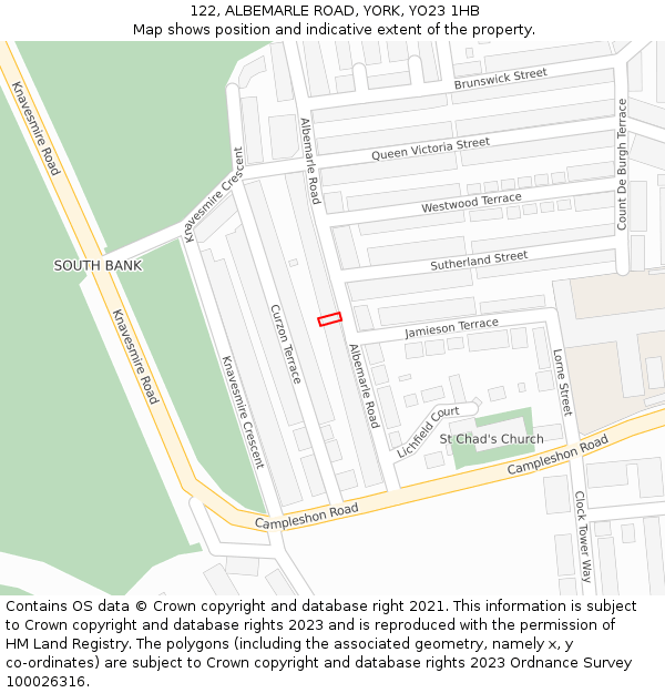 122, ALBEMARLE ROAD, YORK, YO23 1HB: Location map and indicative extent of plot