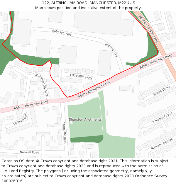 122, ALTRINCHAM ROAD, MANCHESTER, M22 4US: Location map and indicative extent of plot