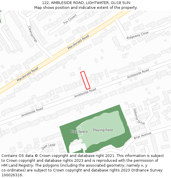 122, AMBLESIDE ROAD, LIGHTWATER, GU18 5UN: Location map and indicative extent of plot