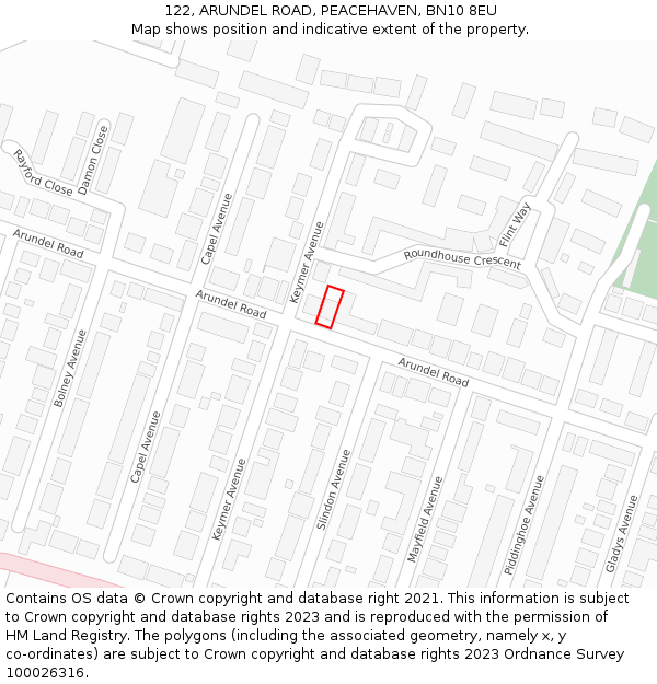 122, ARUNDEL ROAD, PEACEHAVEN, BN10 8EU: Location map and indicative extent of plot