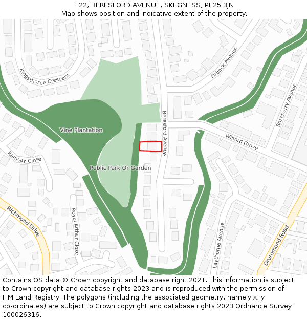 122, BERESFORD AVENUE, SKEGNESS, PE25 3JN: Location map and indicative extent of plot