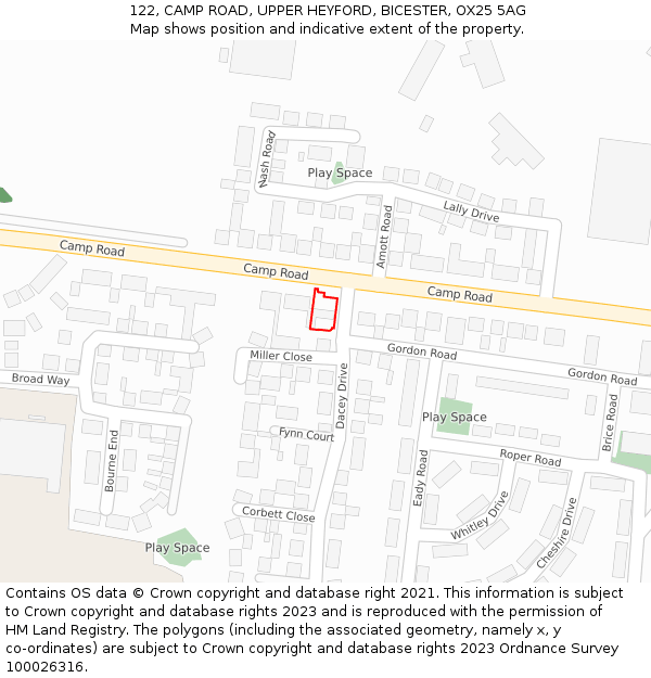 122, CAMP ROAD, UPPER HEYFORD, BICESTER, OX25 5AG: Location map and indicative extent of plot