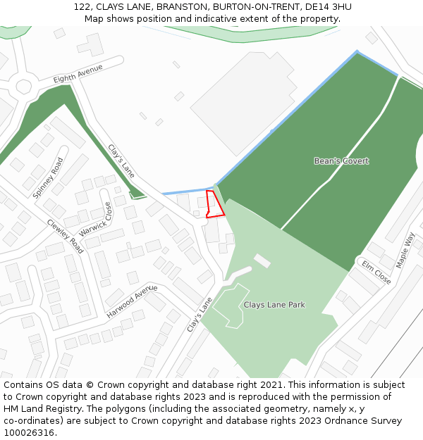 122, CLAYS LANE, BRANSTON, BURTON-ON-TRENT, DE14 3HU: Location map and indicative extent of plot
