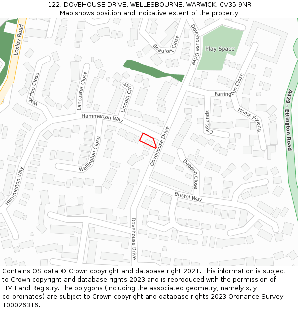 122, DOVEHOUSE DRIVE, WELLESBOURNE, WARWICK, CV35 9NR: Location map and indicative extent of plot