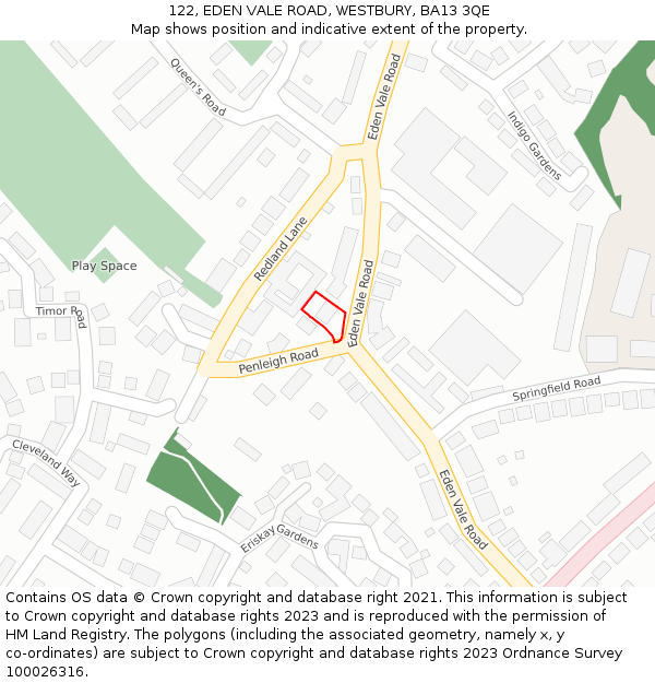 122, EDEN VALE ROAD, WESTBURY, BA13 3QE: Location map and indicative extent of plot