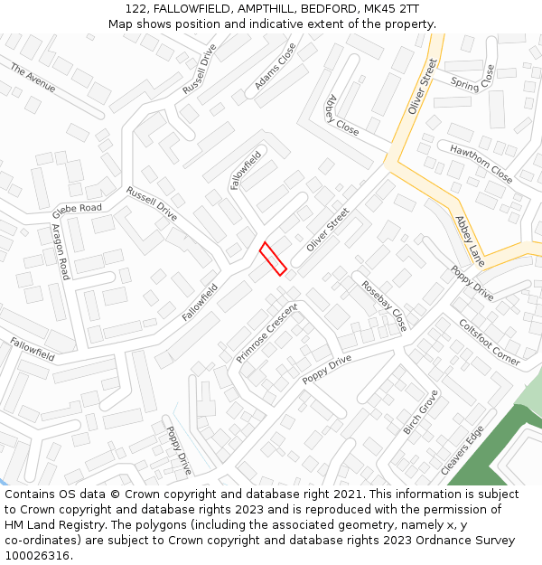 122, FALLOWFIELD, AMPTHILL, BEDFORD, MK45 2TT: Location map and indicative extent of plot