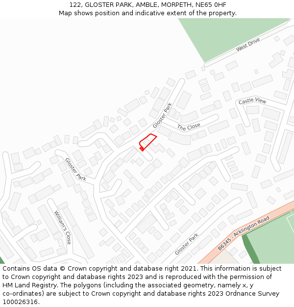 122, GLOSTER PARK, AMBLE, MORPETH, NE65 0HF: Location map and indicative extent of plot