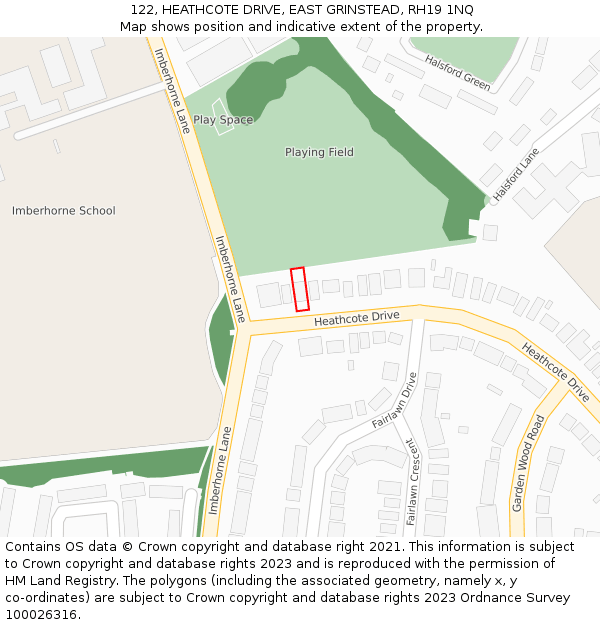 122, HEATHCOTE DRIVE, EAST GRINSTEAD, RH19 1NQ: Location map and indicative extent of plot