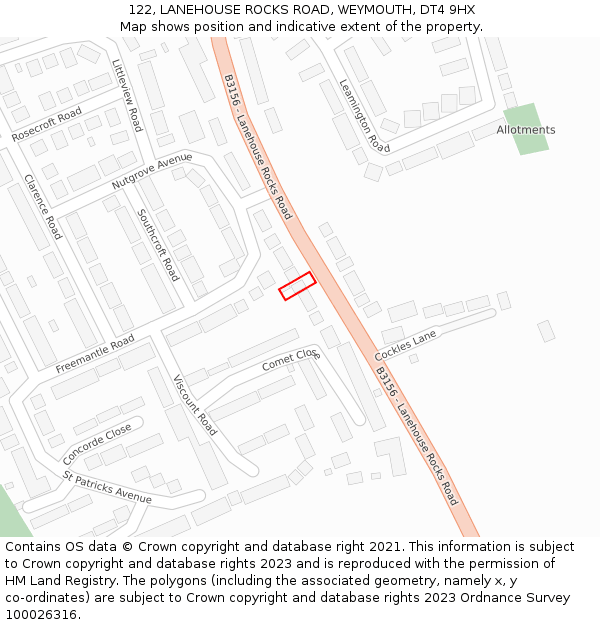 122, LANEHOUSE ROCKS ROAD, WEYMOUTH, DT4 9HX: Location map and indicative extent of plot