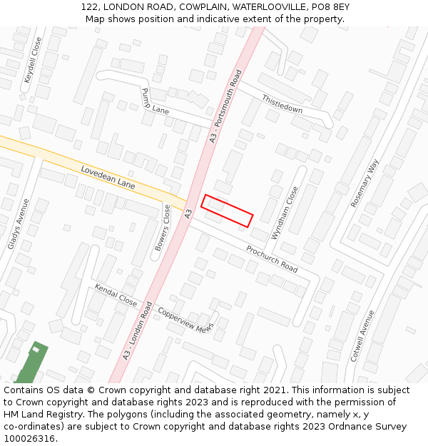 122, LONDON ROAD, COWPLAIN, WATERLOOVILLE, PO8 8EY: Location map and indicative extent of plot