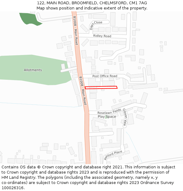 122, MAIN ROAD, BROOMFIELD, CHELMSFORD, CM1 7AG: Location map and indicative extent of plot