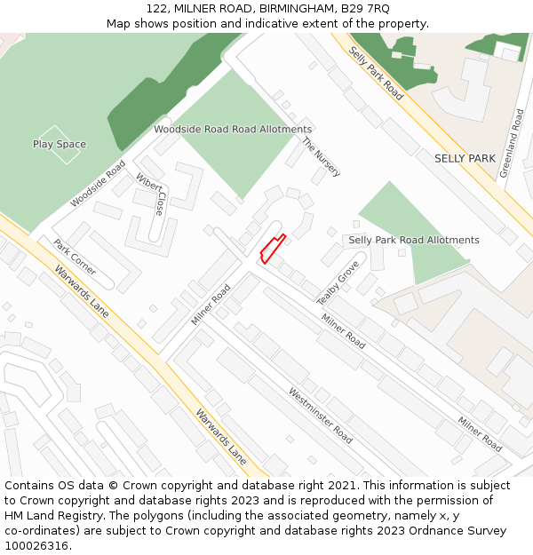 122, MILNER ROAD, BIRMINGHAM, B29 7RQ: Location map and indicative extent of plot