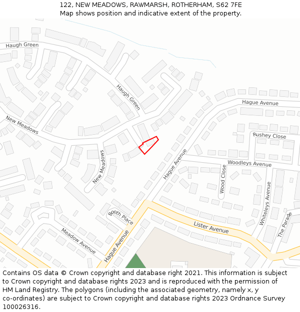 122, NEW MEADOWS, RAWMARSH, ROTHERHAM, S62 7FE: Location map and indicative extent of plot