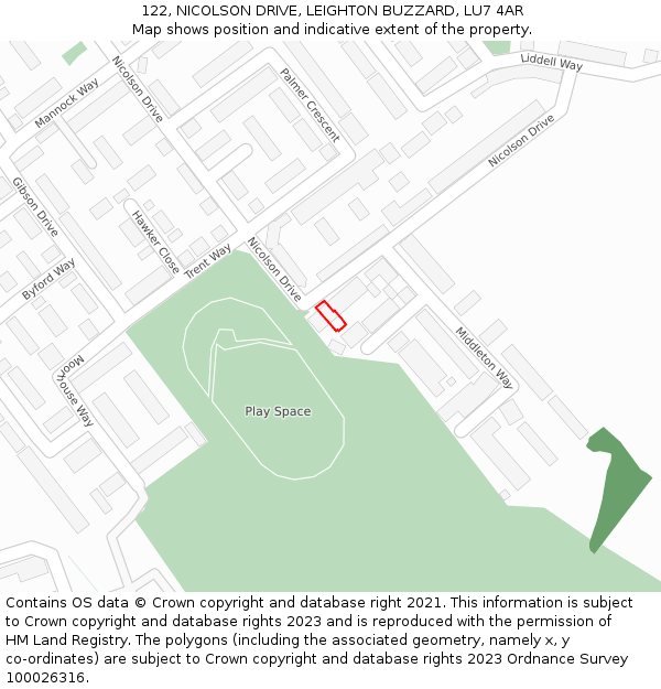 122, NICOLSON DRIVE, LEIGHTON BUZZARD, LU7 4AR: Location map and indicative extent of plot