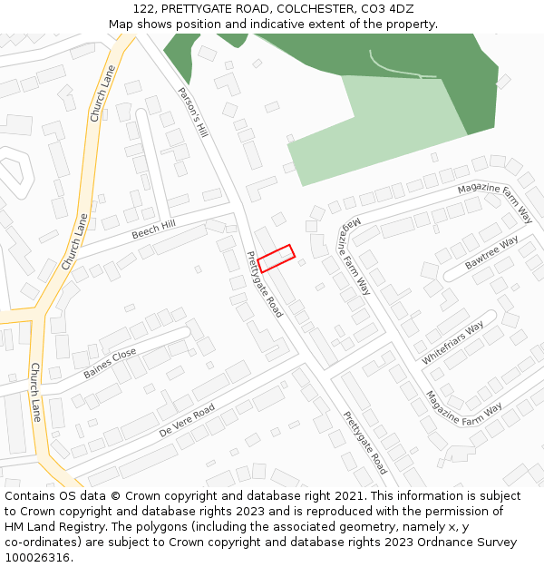 122, PRETTYGATE ROAD, COLCHESTER, CO3 4DZ: Location map and indicative extent of plot