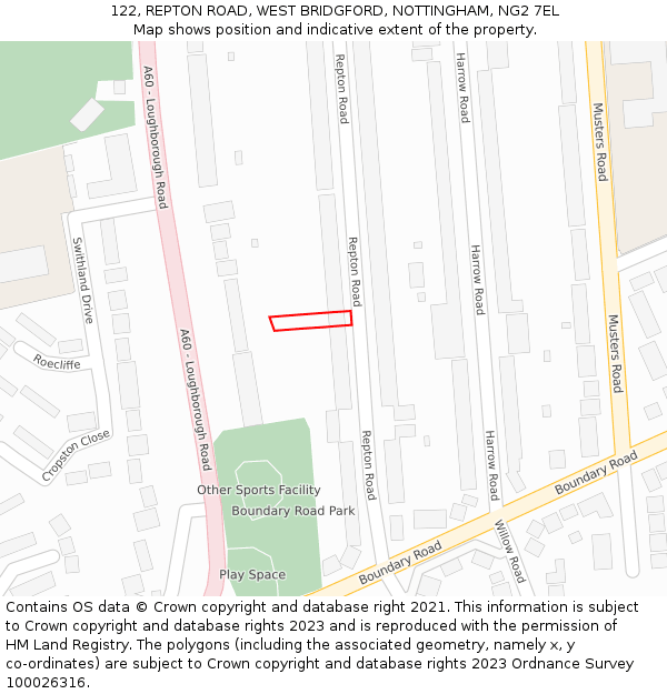 122, REPTON ROAD, WEST BRIDGFORD, NOTTINGHAM, NG2 7EL: Location map and indicative extent of plot