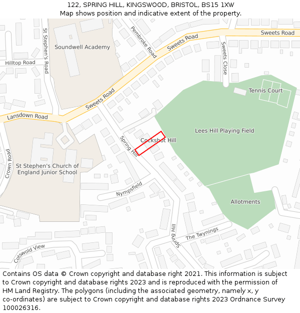 122, SPRING HILL, KINGSWOOD, BRISTOL, BS15 1XW: Location map and indicative extent of plot