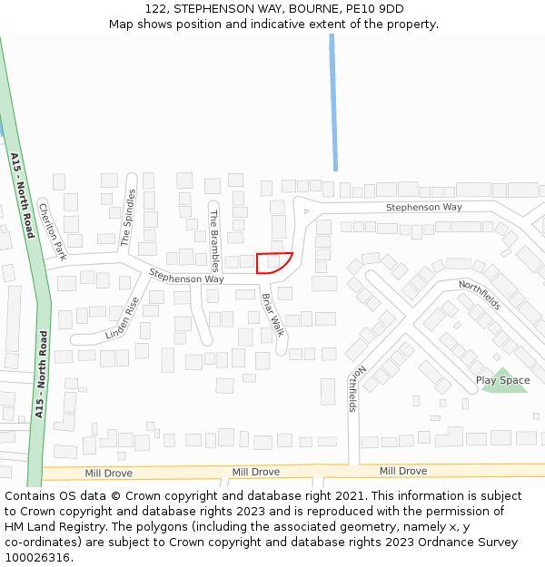 122, STEPHENSON WAY, BOURNE, PE10 9DD: Location map and indicative extent of plot