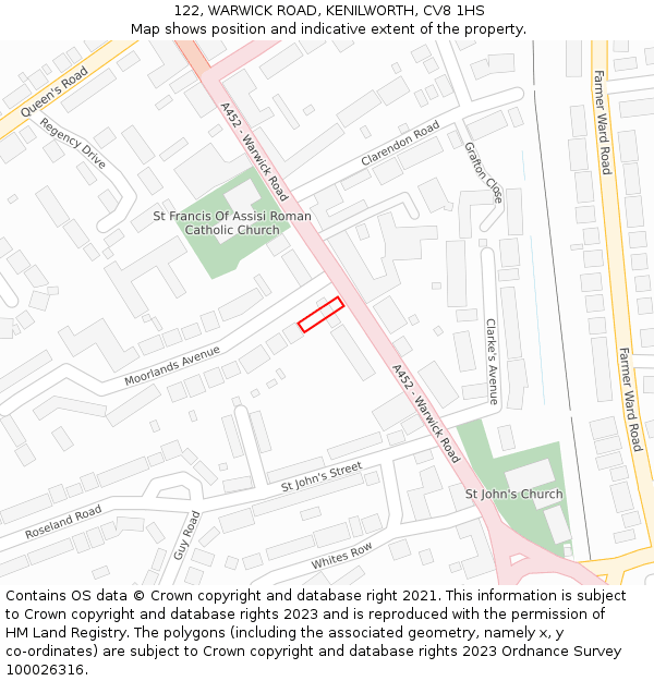 122, WARWICK ROAD, KENILWORTH, CV8 1HS: Location map and indicative extent of plot