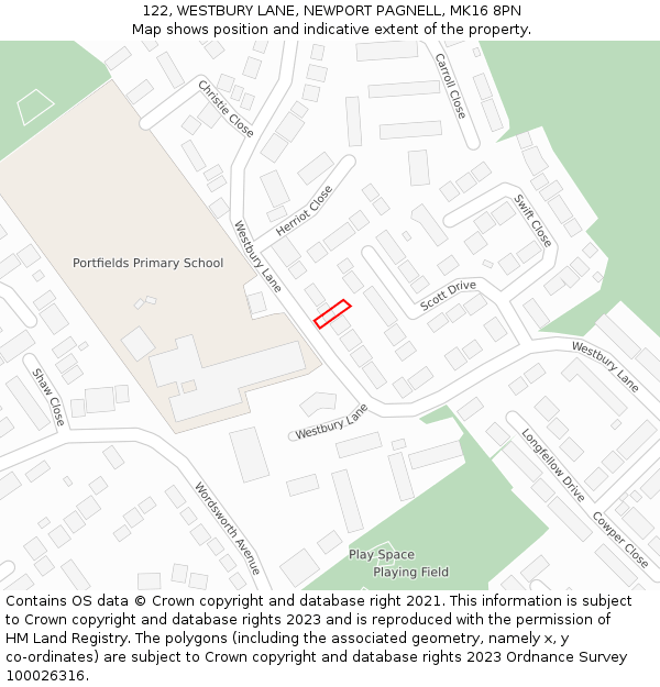 122, WESTBURY LANE, NEWPORT PAGNELL, MK16 8PN: Location map and indicative extent of plot