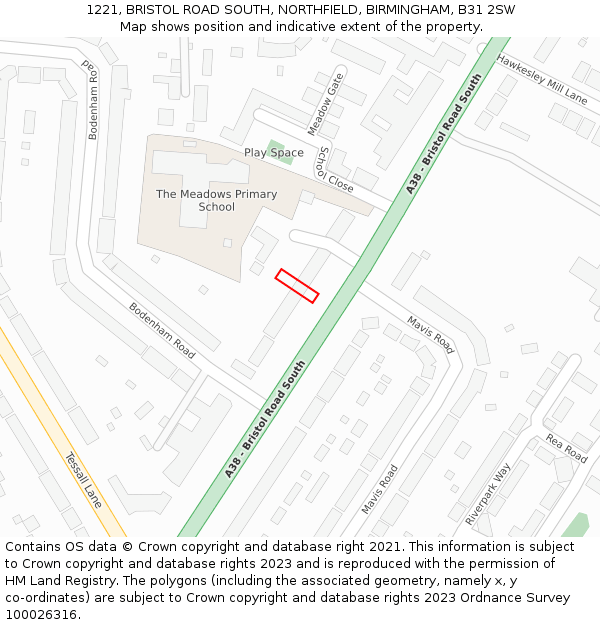 1221, BRISTOL ROAD SOUTH, NORTHFIELD, BIRMINGHAM, B31 2SW: Location map and indicative extent of plot