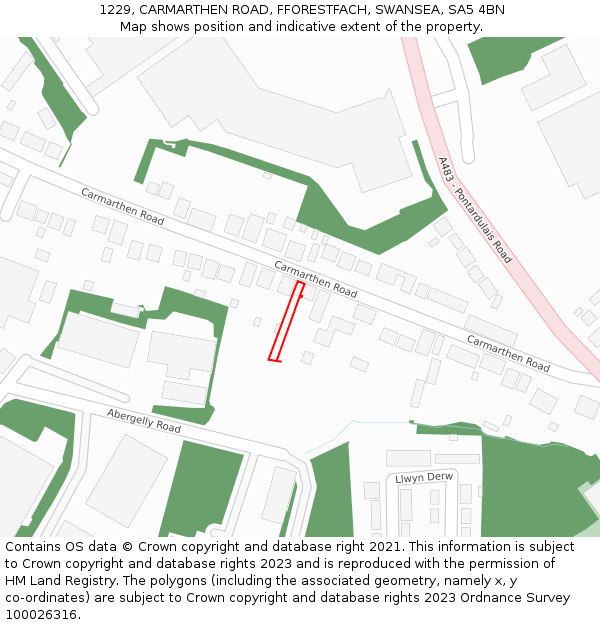 1229, CARMARTHEN ROAD, FFORESTFACH, SWANSEA, SA5 4BN: Location map and indicative extent of plot