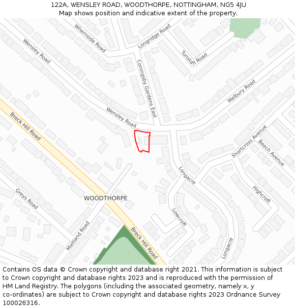 122A, WENSLEY ROAD, WOODTHORPE, NOTTINGHAM, NG5 4JU: Location map and indicative extent of plot