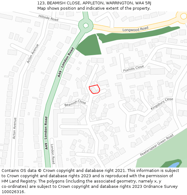 123, BEAMISH CLOSE, APPLETON, WARRINGTON, WA4 5RJ: Location map and indicative extent of plot