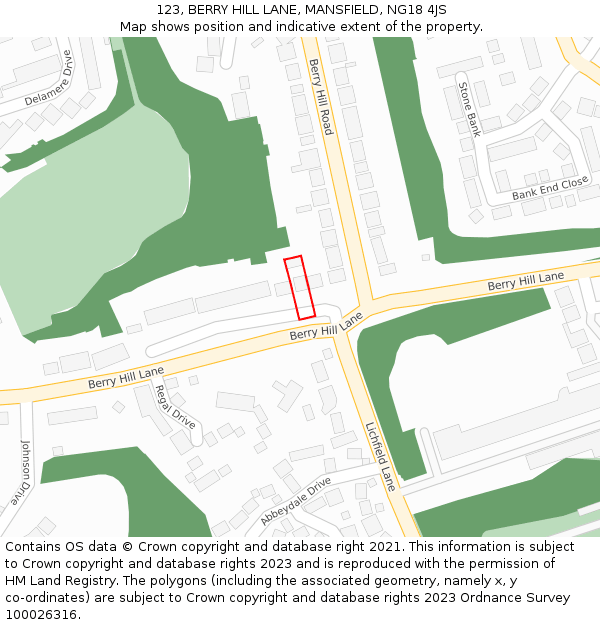 123, BERRY HILL LANE, MANSFIELD, NG18 4JS: Location map and indicative extent of plot
