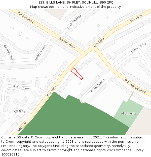 123, BILLS LANE, SHIRLEY, SOLIHULL, B90 2PQ: Location map and indicative extent of plot