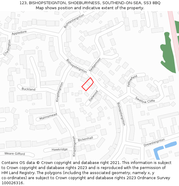 123, BISHOPSTEIGNTON, SHOEBURYNESS, SOUTHEND-ON-SEA, SS3 8BQ: Location map and indicative extent of plot