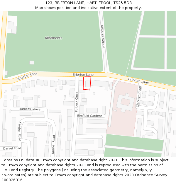 123, BRIERTON LANE, HARTLEPOOL, TS25 5DR: Location map and indicative extent of plot
