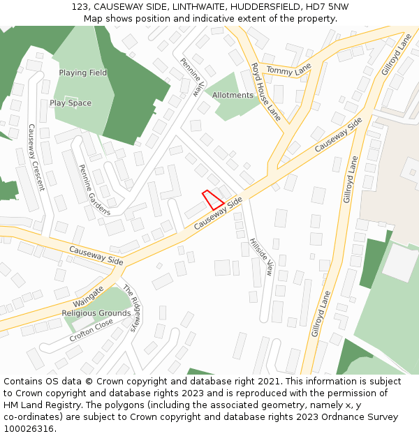 123, CAUSEWAY SIDE, LINTHWAITE, HUDDERSFIELD, HD7 5NW: Location map and indicative extent of plot