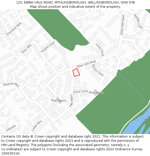 123, EBBW VALE ROAD, IRTHLINGBOROUGH, WELLINGBOROUGH, NN9 5YB: Location map and indicative extent of plot