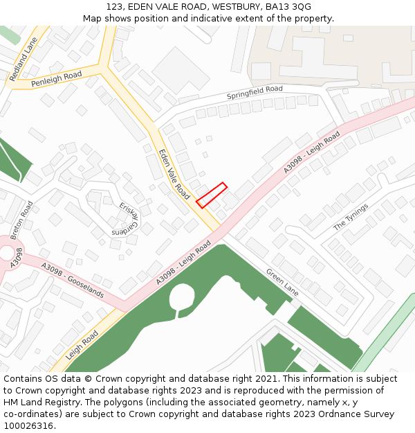 123, EDEN VALE ROAD, WESTBURY, BA13 3QG: Location map and indicative extent of plot