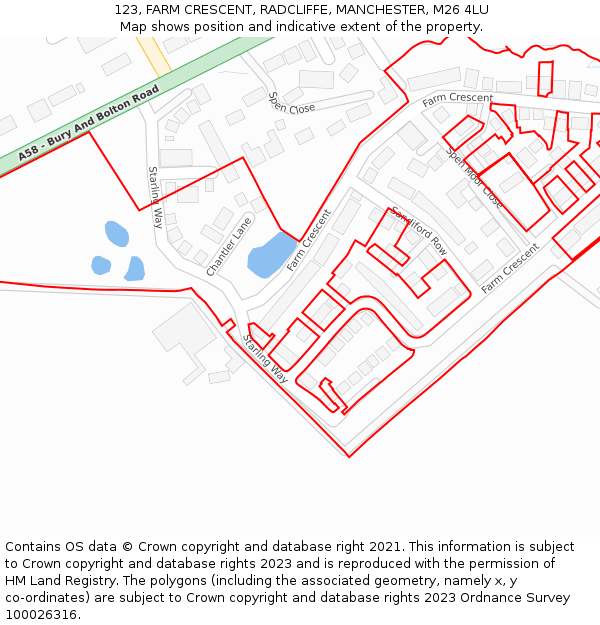 123, FARM CRESCENT, RADCLIFFE, MANCHESTER, M26 4LU: Location map and indicative extent of plot