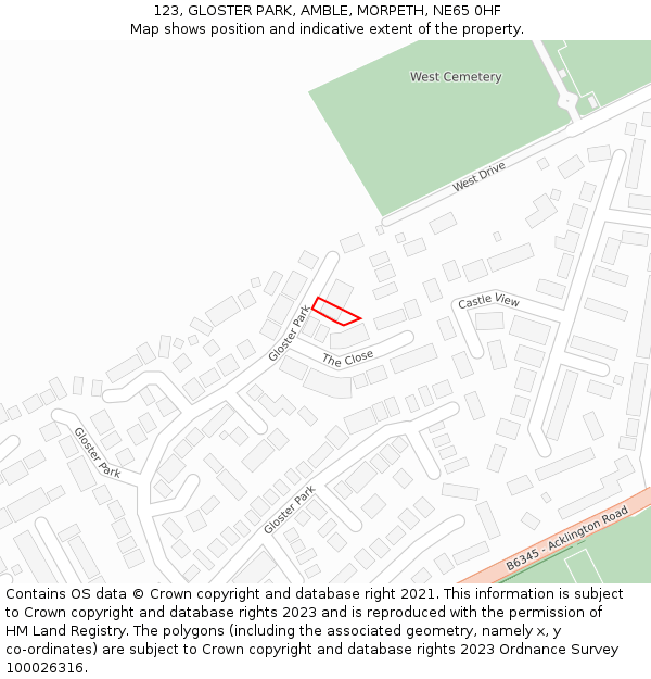 123, GLOSTER PARK, AMBLE, MORPETH, NE65 0HF: Location map and indicative extent of plot