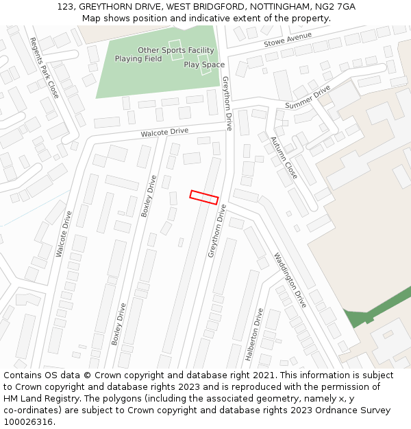 123, GREYTHORN DRIVE, WEST BRIDGFORD, NOTTINGHAM, NG2 7GA: Location map and indicative extent of plot