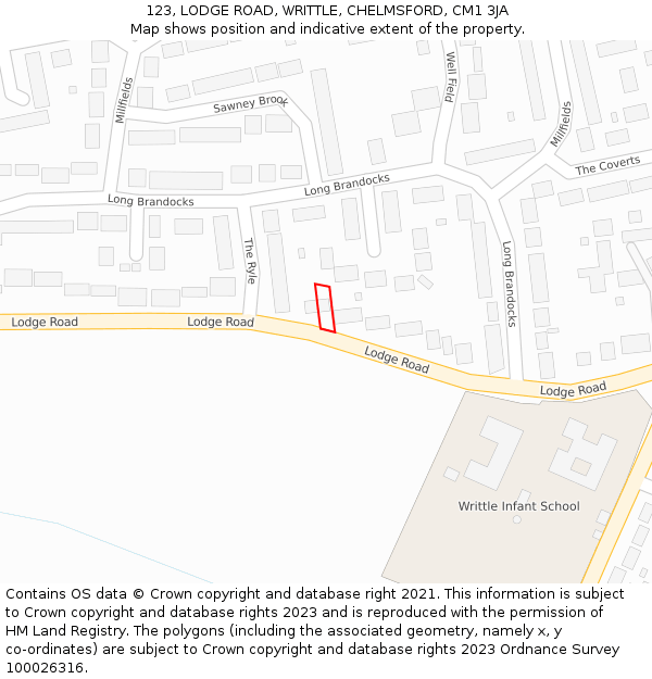 123, LODGE ROAD, WRITTLE, CHELMSFORD, CM1 3JA: Location map and indicative extent of plot