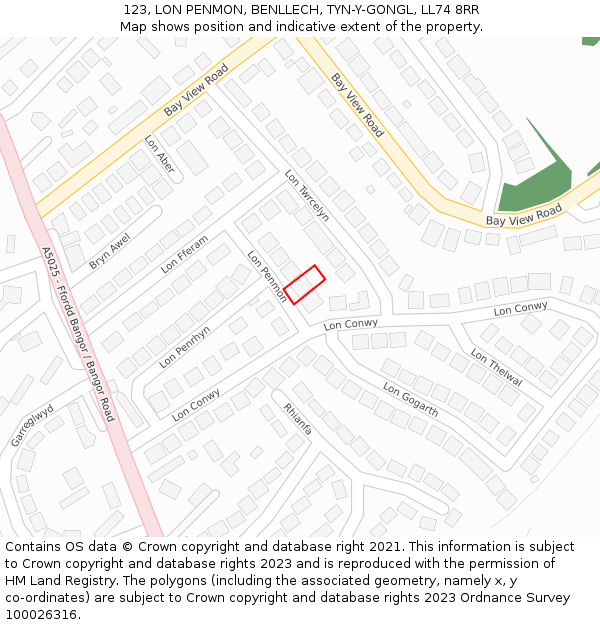 123, LON PENMON, BENLLECH, TYN-Y-GONGL, LL74 8RR: Location map and indicative extent of plot