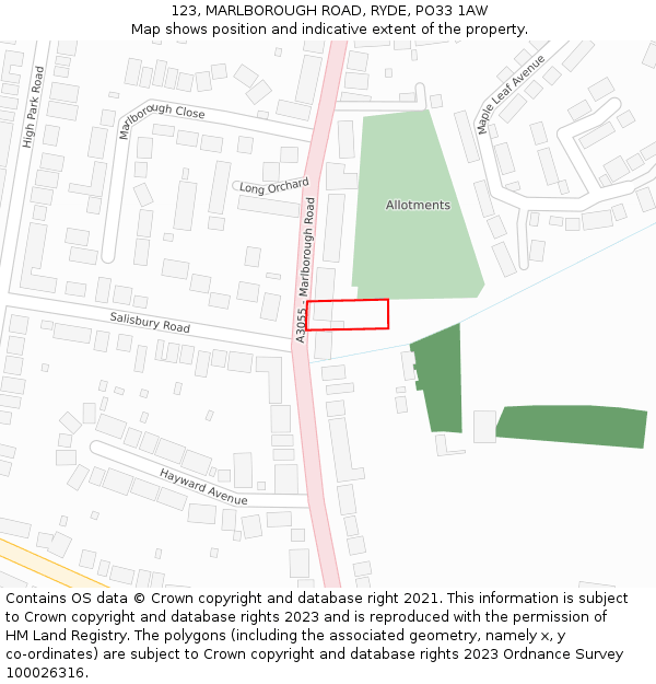 123, MARLBOROUGH ROAD, RYDE, PO33 1AW: Location map and indicative extent of plot