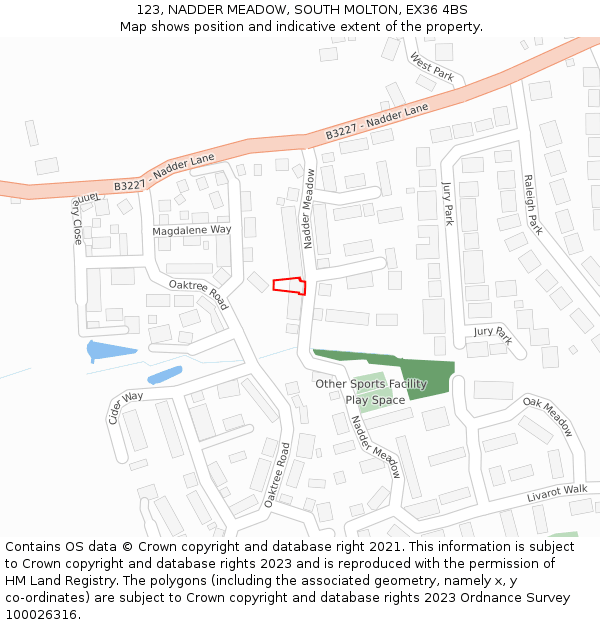 123, NADDER MEADOW, SOUTH MOLTON, EX36 4BS: Location map and indicative extent of plot