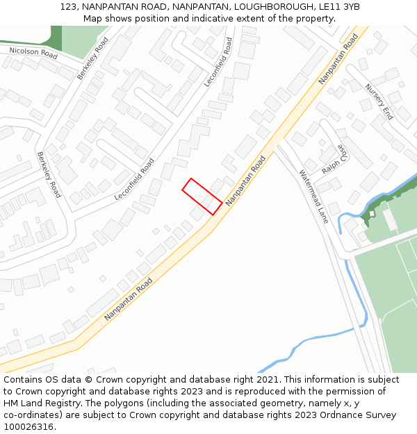 123, NANPANTAN ROAD, NANPANTAN, LOUGHBOROUGH, LE11 3YB: Location map and indicative extent of plot