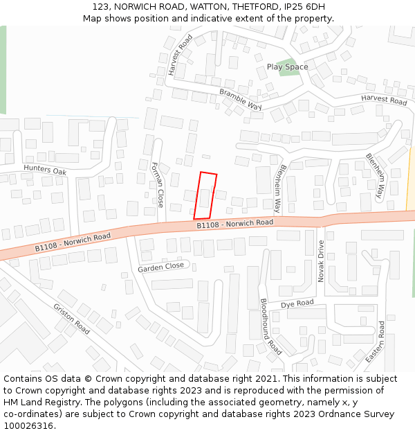 123, NORWICH ROAD, WATTON, THETFORD, IP25 6DH: Location map and indicative extent of plot