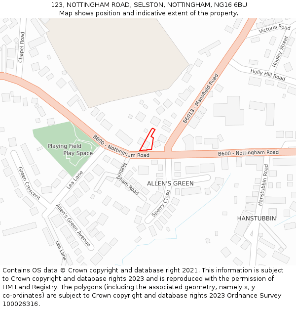 123, NOTTINGHAM ROAD, SELSTON, NOTTINGHAM, NG16 6BU: Location map and indicative extent of plot