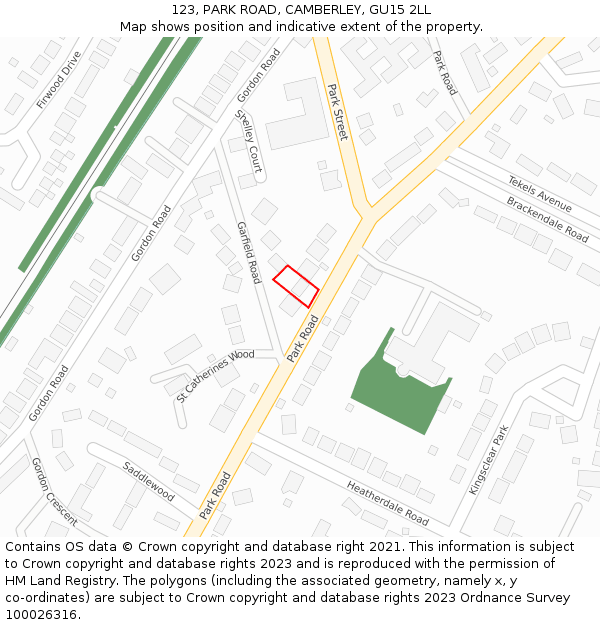 123, PARK ROAD, CAMBERLEY, GU15 2LL: Location map and indicative extent of plot