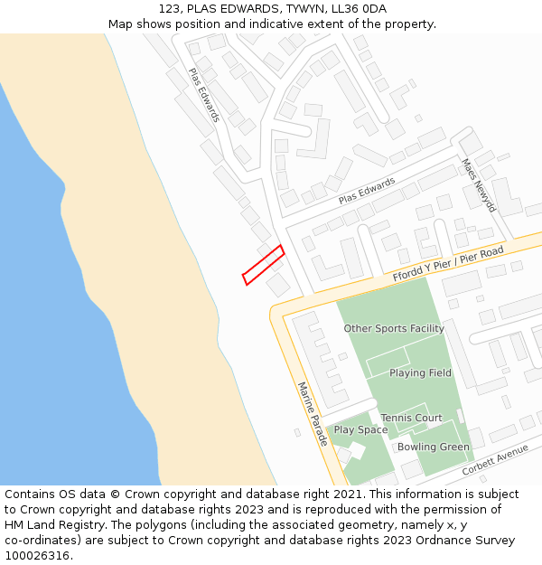 123, PLAS EDWARDS, TYWYN, LL36 0DA: Location map and indicative extent of plot