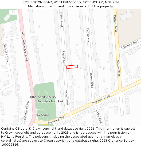 123, REPTON ROAD, WEST BRIDGFORD, NOTTINGHAM, NG2 7EN: Location map and indicative extent of plot