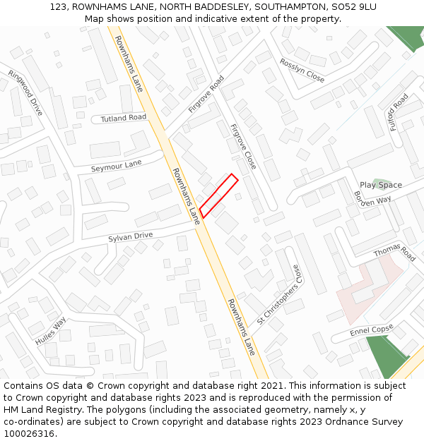 123, ROWNHAMS LANE, NORTH BADDESLEY, SOUTHAMPTON, SO52 9LU: Location map and indicative extent of plot